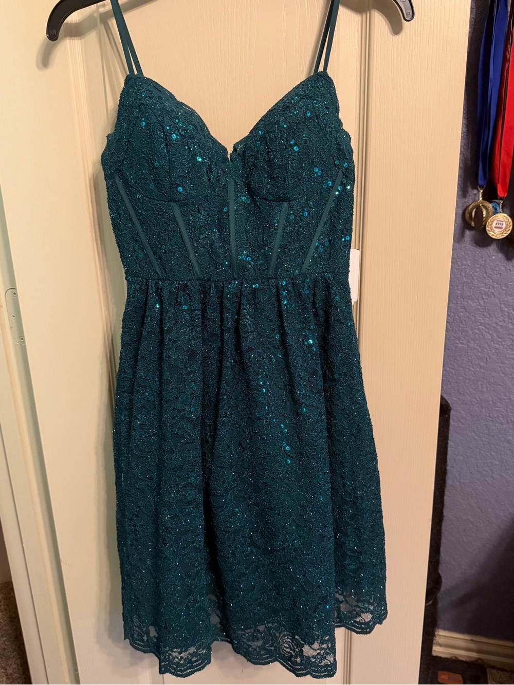 Teal Green Sequin Lace A-Line Spaghetti Strap Dress